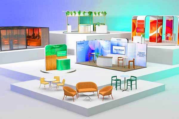 Trade show display stands with branding and promotional materials